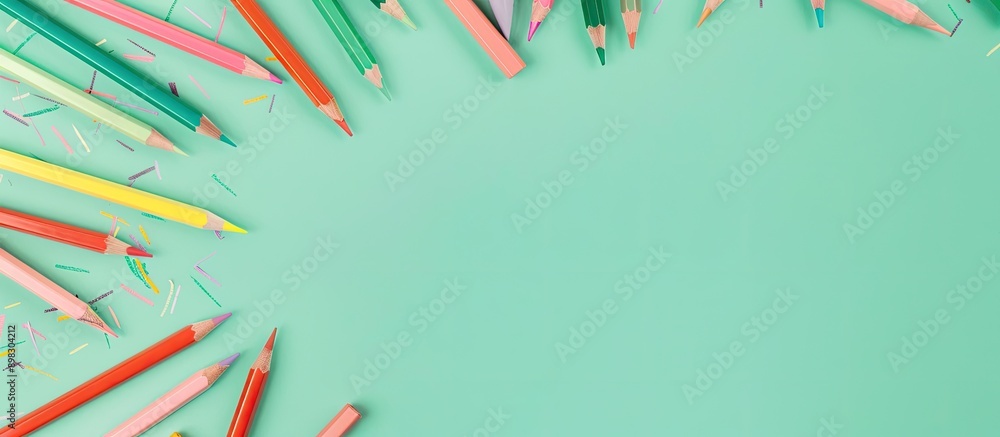Poster Colorful text and drawings by colored pencil on a pastel green background create a back to school theme with an empty area for text a copy space image
