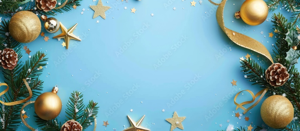 Aufkleber flat lay christmas frame border featuring golden balls stars and ribbon on a blue background with co
