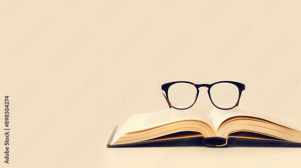 Aufkleber a book lies open on a white surface, with eyeglasses resting on its pages. generative ai