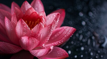  A tight shot of a pink water lily against a black backdrop, adorned with pearls of water on its petals