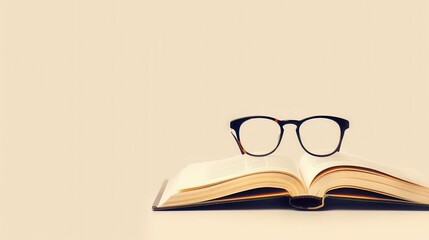 A book lies open on a white surface, with eyeglasses resting on its pages. Generative AI