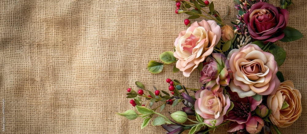 Poster artificial flowers artfully arranged on a rustic jute sackcloth background perfect for easter themed