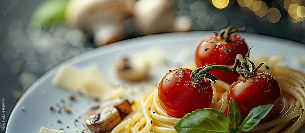Poster A dish of spaghetti garnished with three tomatoes and mushrooms creating a visually appealing meal with copy space image