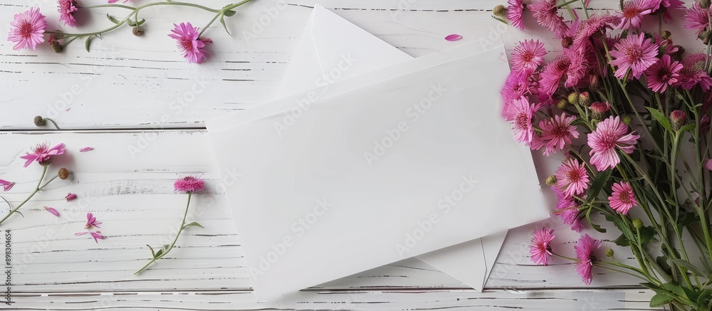 Aufkleber top view of a blank white greeting card featuring a bouquet of pink aster flowers with an envelope p