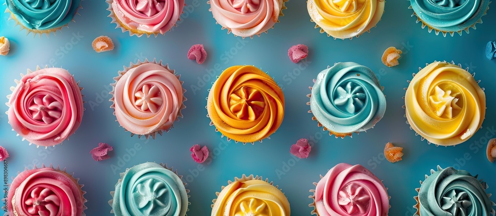 Aufkleber colorful cupcakes adorned with sugar paste and cream are displayed as artistic creations at a party 