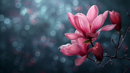 Obraz premium A pink flower, tightly framed, sits atop a branch against a backdrop of softly glowing lights The environment behind fades into a blur