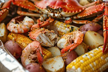 A dish of seafood boil, featuring crab legs, shrimp, corn on the cob, and potatoes, all seasoned with Old Bay.