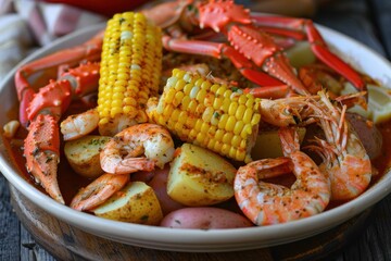 A dish of seafood boil, featuring crab legs, shrimp, corn on the cob, and potatoes, all seasoned...