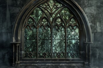 Obraz premium Gothic Stained Glass frame made of dark, intricate stained glass designs with pointed arches. 