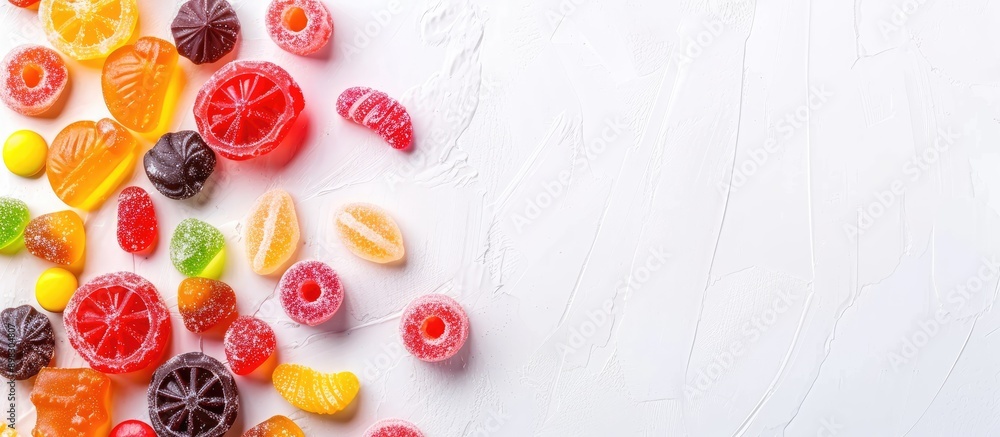 Poster Colorful assorted candies on a white background with copy space image