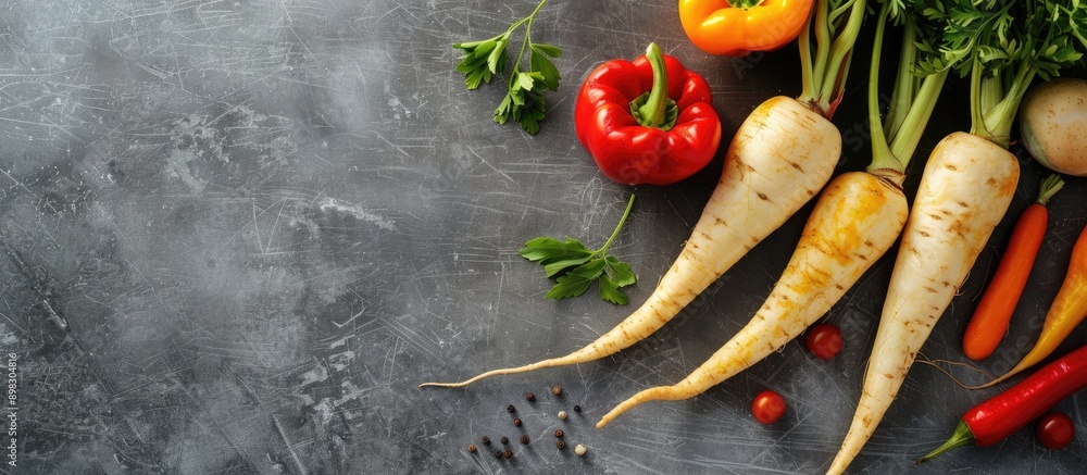 Poster Dark grey table with delicious baked parsnip and bell pepper on parchment suitable for copy space image