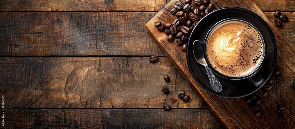 Aufkleber top view of a black cup of hot coffee with cream and beans placed on a brown weathered wooden board 