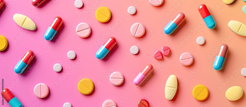 Poster Colorful pills and capsules arranged in a pattern against a bright backdrop with ample copy space image