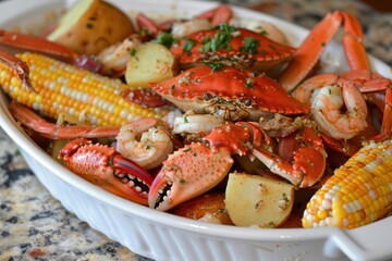 A dish of seafood boil, featuring crab legs, shrimp, corn on the cob, and potatoes, all seasoned with Old Bay.