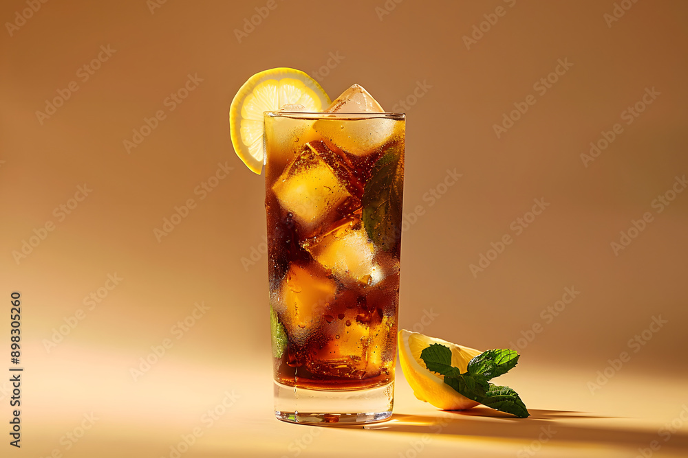 Sticker in a highball glass against a beige backdrop, a long island iced tea cocktail emerges, embodying a m