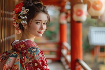 Obraz premium Young beautiful Japanese girl against the backdrop of a pagoda