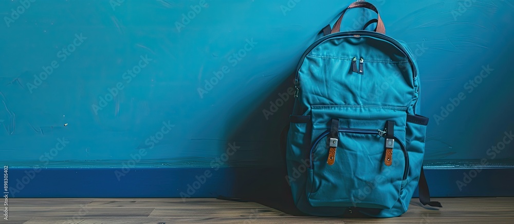 Poster Blue backpack with ample copy space image for personalization