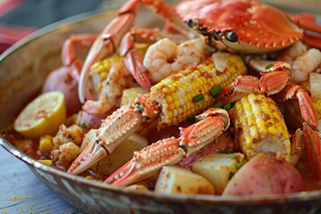 A dish of seafood boil, featuring crab legs, shrimp, corn on the cob, and potatoes, all seasoned with Old Bay.