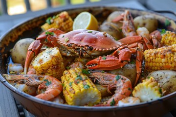 A dish of seafood boil, featuring crab legs, shrimp, corn on the cob, and potatoes, all seasoned with Old Bay.