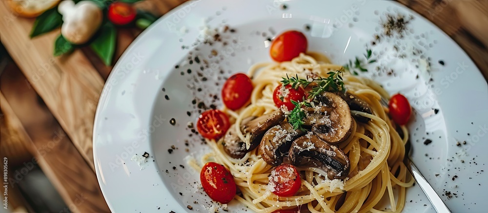 Poster A dish of spaghetti garnished with three tomatoes and mushrooms creating a visually appealing meal with copy space image