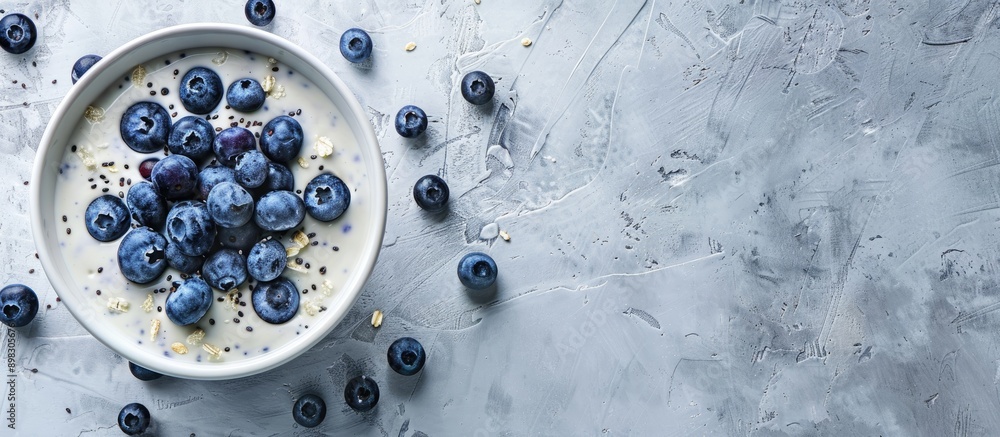 Poster blue yogurt smoothie bowl with blueberries and coconut flour on a light concrete surface background 