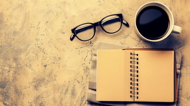 Coffee Break Essentials with Notebook and Glasses