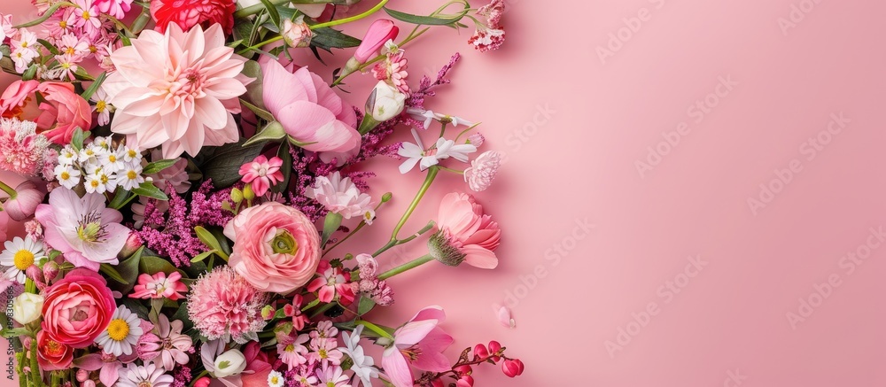 Aufkleber top down view of a floral arrangement on a pink background suitable for easter providing space for t