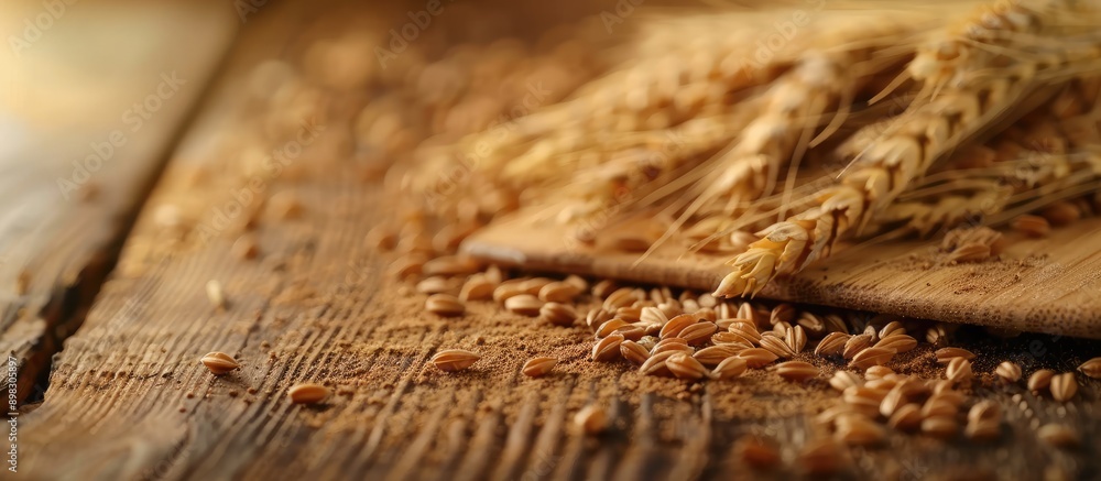 Poster close up of rye grain on a wooden board with beautiful soft lighting ideal for a copy space image