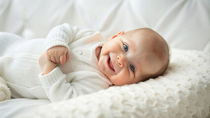 Beautiful newborn baby dressed in white on a white cotton background.