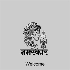 Welcome gesture Indian greeting banner in Namaste mudra on insulated background in vector. Hand drawn Boho or Mehndi Henna Tattoo style frame on a teal