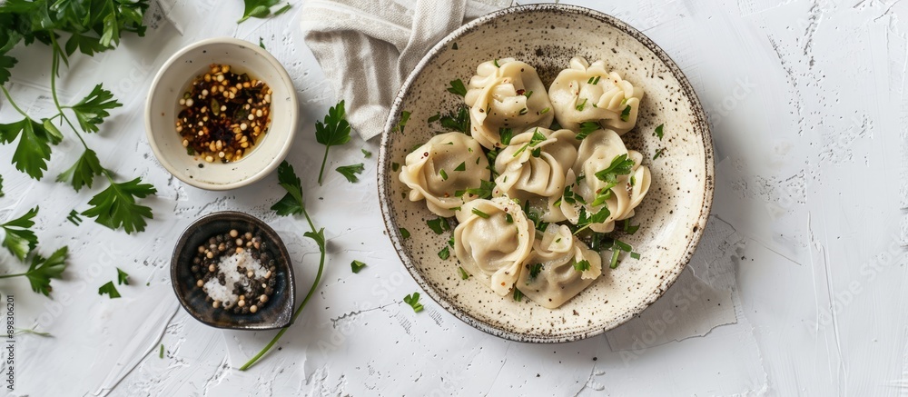 Poster beef and lamb khinkali dumplings presented on a rustic plate with herbs against a white backdrop pro