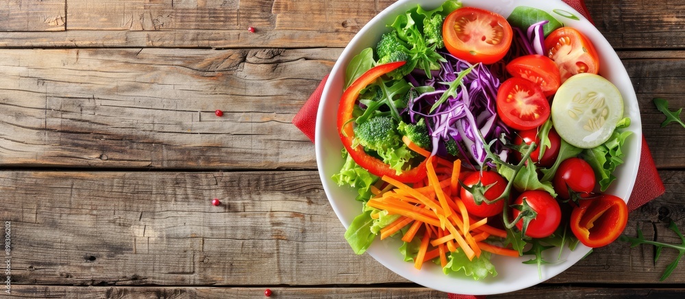 Poster colorful vegetables in a white bowl on a wooden table a healthy and appetizing ready to eat meal top