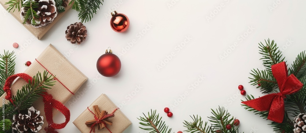 Poster Christmas decorations a gift box and a white background in a flat lay style with a top view featuring a copy space image