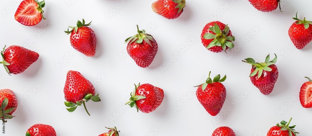Poster Top down view of a frame constructed with ripe strawberries on a white background offering ample space for additional images