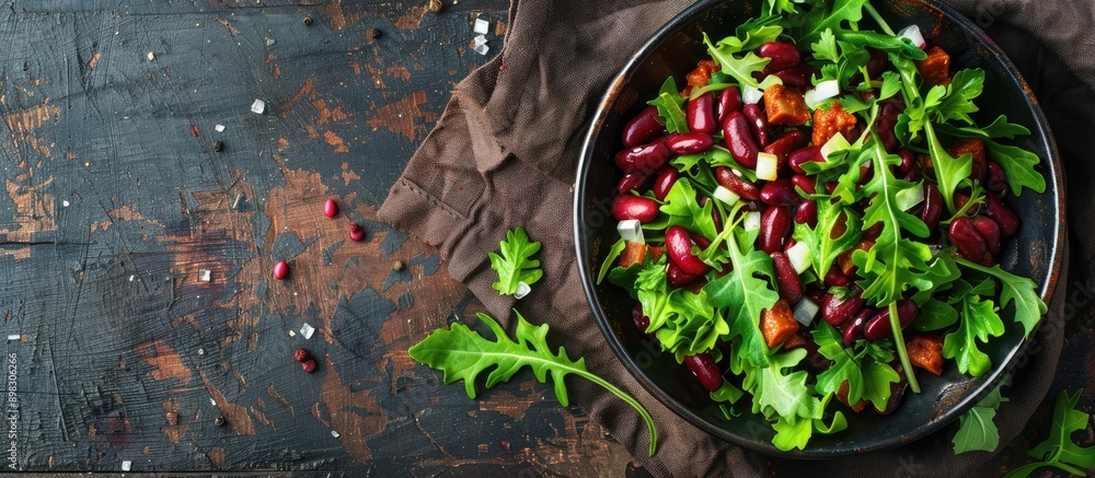 Poster An appetizing meal of arugula salad with red beans and green lettuce leaves served as a snack on a rustic table with a scenic copy space image in the background