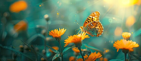 A beautiful butterfly rests on a yellow flower in the park with a green blur background creating a serene copy space image in nature