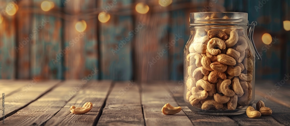 Poster cashew nuts displayed in a glass jar on a wooden background with copy space image