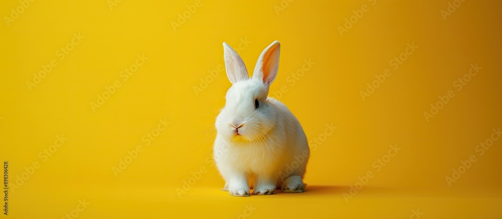 Poster A charming fluffy white rabbit stands alone against a yellow backdrop embodying the essence of Easter with delightful pet like qualities in a copy space image