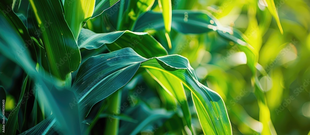 Poster close up view of green maize corn in a summer farm setting with just picked corn on the cob providin