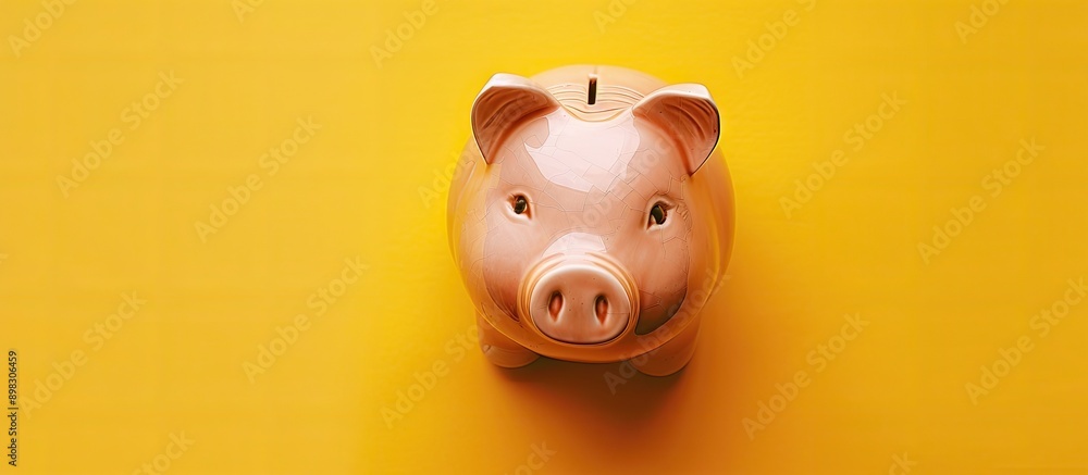 Poster top view of a ceramic piggy bank against a yellow backdrop with space for text in the image. creativ