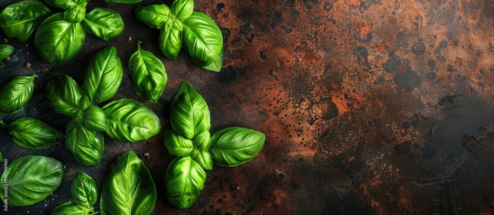 Poster Top view of basil a green herb used in cooking on a food background with space for text or images. Creative banner. Copyspace image
