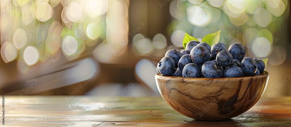 Leinwandbilder blueberries in a wooden bowl on a table with a blurred background perfect for a copy space image