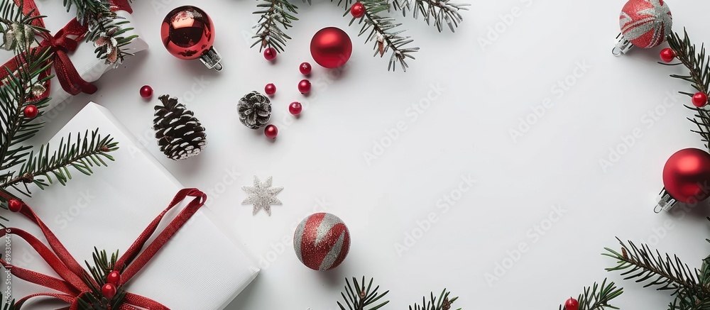 Poster Christmas decorations a gift box and a white background in a flat lay style with a top view featuring a copy space image