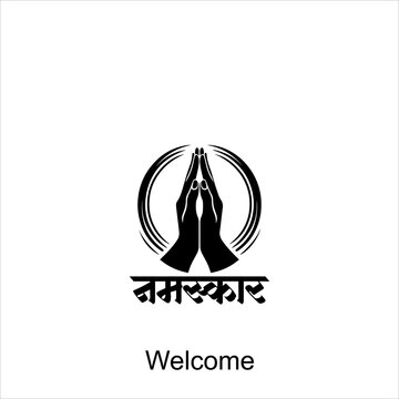 Welcome gesture Indian greeting banner in Namaste mudra on insulated background in vector. Hand drawn Boho or Mehndi Henna Tattoo style frame on a teal
