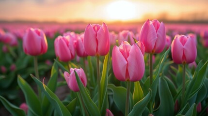 Fototapeta premium Field of Pink Tulips With Sun Setting