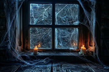 Haunted House Window with cobwebs, cracked wood, and eerie shadows. The center is a dark, empty room with flickering candlelight, evoking a spooky, haunted house atmosphere 
