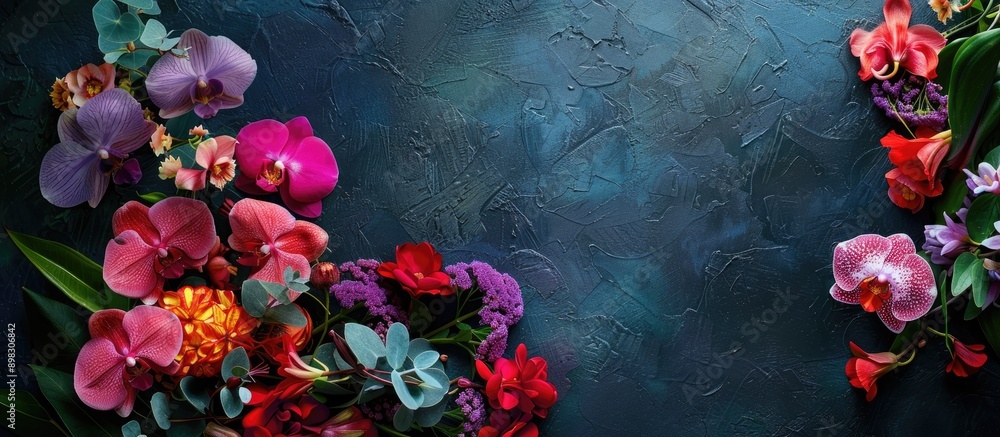 Poster dark background highlights vibrant fresh flowers leaving ample space for text in the copy space imag
