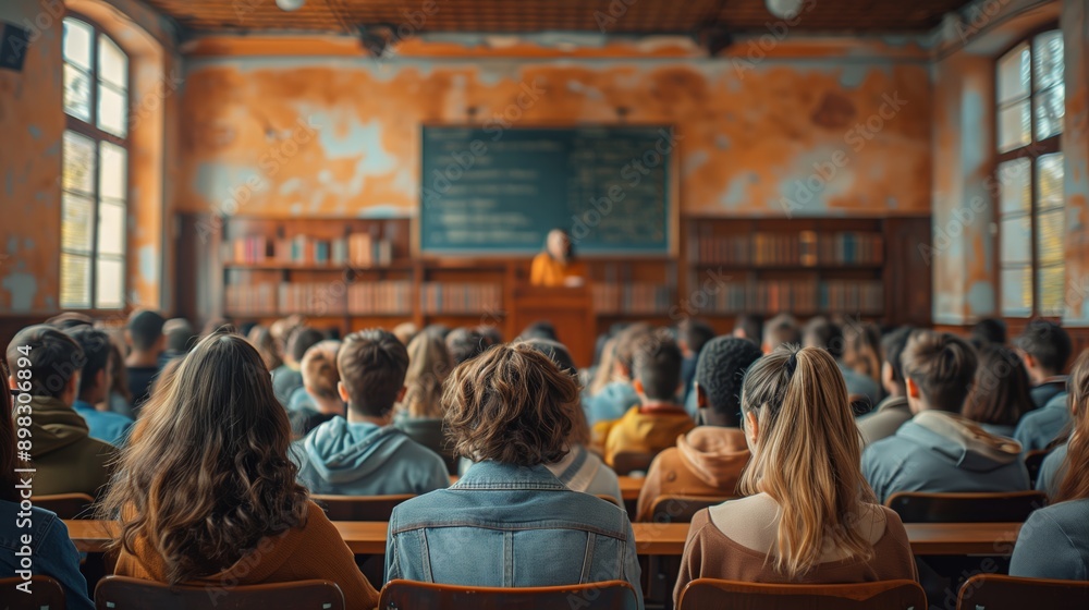 Poster students attentively listening to a lecture in a university classroom