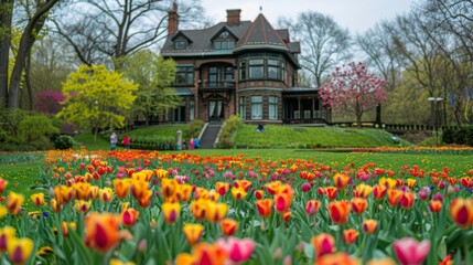 Field of Pink and Yellow Tulips in Front of Large House
