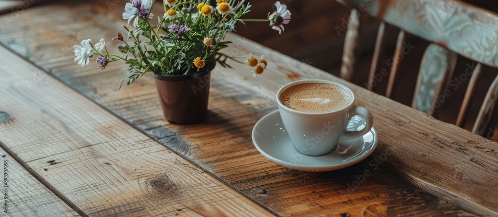 Poster a cafe latte sits on a wooden table beside a small plant with blooms contains copy space image
